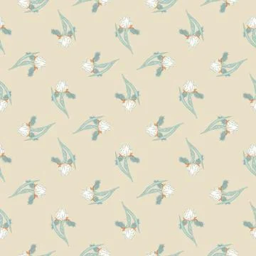 Spring style seamless pattern with little blue iris flowers ornament. Light b Stock Illustration