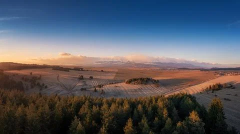 Spring sub-Tatra valley at sunset, golden hour Stock Photos