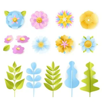 Spring, summer 3d paper cut floral design elements set. Vector craft leaves, Stock Illustration