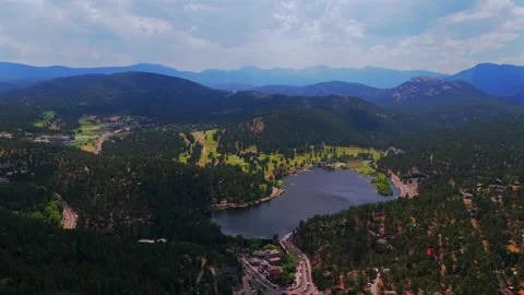 Spring summer aerial drone downtown Evergreen Colorado's Evergreen Lake nature Stock Footage 340964097