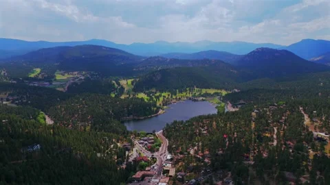 Spring summer aerial drone downtown Evergreen Colorado's Evergreen Lake nature Stock Footage 340964107