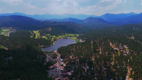 Spring summer aerial drone traffic cars downtown Evergreen Colorado's Evergreen Stock Footage 340964147