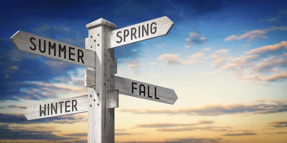 Spring, Summer, Fall, Winter - wooden signpost with four arrows - 3D renderin 스톡 일러스트