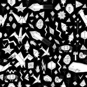 Spring Summer geometric seamless pattern with animals and plants, black conto Stock Illustration