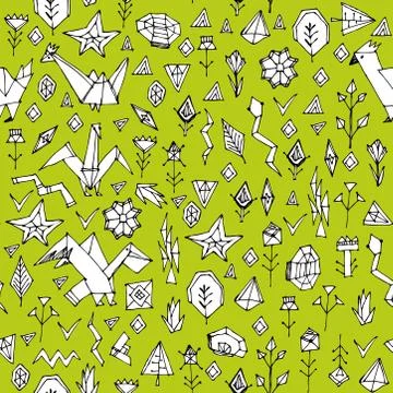 Spring Summer geometric seamless pattern with animals and plants, black conto Stock Illustration