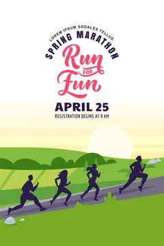 Spring summer marathon banner poster design template. Silhouette of running p Stock Illustration