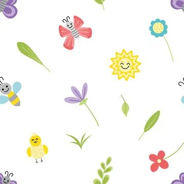 Spring summer seamless pattern. Bird, sun, flower, butterfly. Flat, cartoon 스톡 일러스트