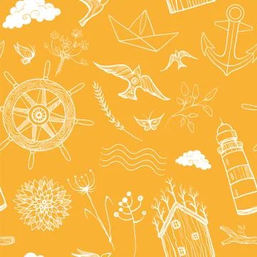 Spring, summer travel seamless pattern. Sea and forest vacation. Stock Illustration