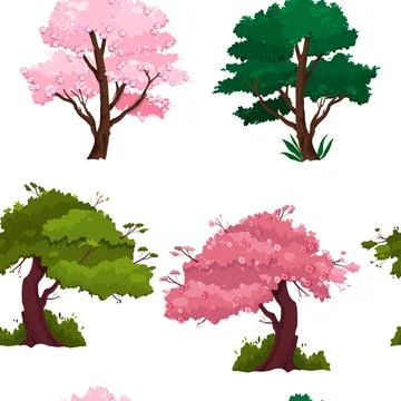 Spring, summer tree seamless pattern with green lush, pink sakura blossom Illustrazione stock