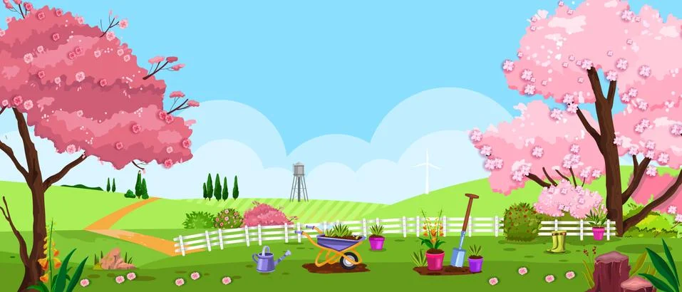 Spring, summer vector garden, backyard nature landscape with blossom sakura 스톡 일러스트