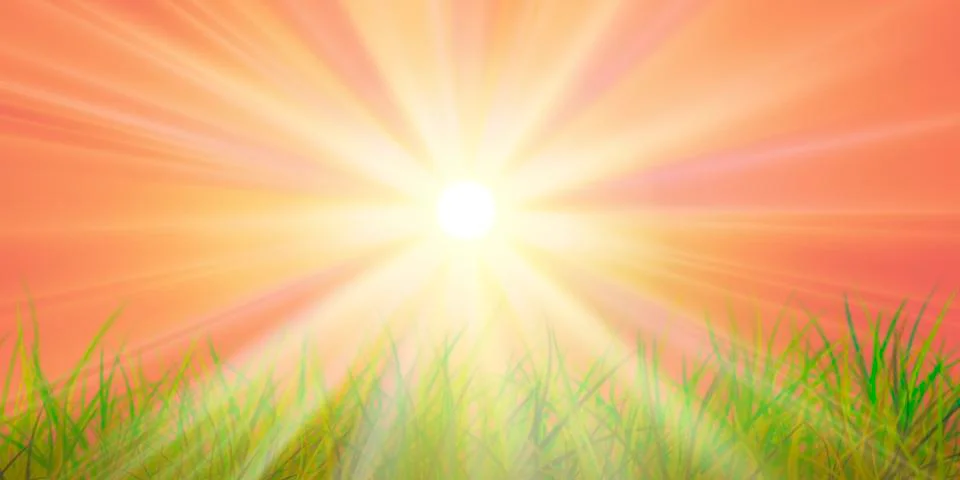 Spring sun rays green grass pink red sky. spring landscape illustration Stock Illustration