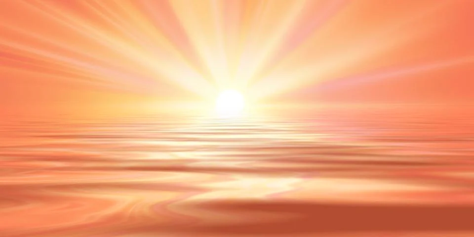 Spring sun rays water reflection pink red sky. spring landscape illustration Stock Illustration