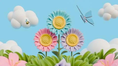 Spring Sunflower Composition 3D Render Background Illustrazione stock