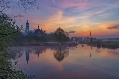 Spring sunrise and reflection of river flood Stock Photos
