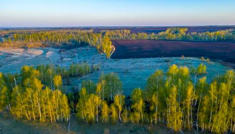 Spring, sunrise over fields, meadows, birch groves, from the height of the bi Stock Photos