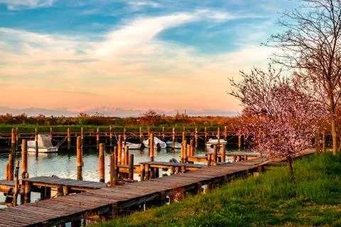 Spring sunset in the lagoon of Grado Stock Photos