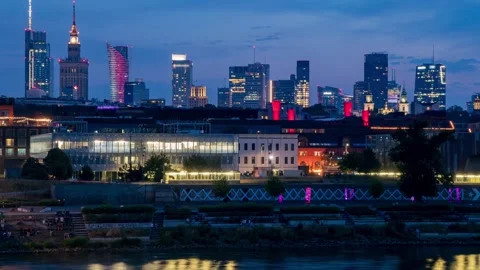 Spring Sunset Timelapse: Warsaw Skyline and Watery Reflections Stock Footage 279141210