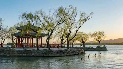 Spring sunset at Zhichun Pavilion at the Summer Palace in Beijing Stock Footage 133486843