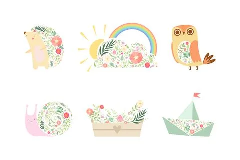 Spring Symbol Decorated with Floral Pattern with Cloud, Snail, Owl, Boat and Illustrazione stock