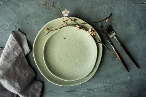 Spring table setting with blooming tree branch 스톡 사진