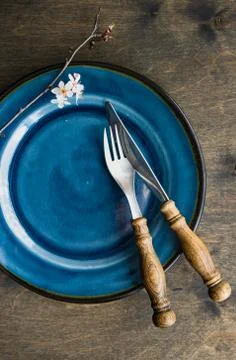 Spring table setting with blooming tree branch Stock-Fotos