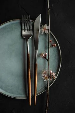  Spring table setting with blooming tree branch Spring floral concept with... Stock Photos