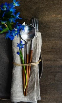 Spring table setting with blue scilla siberica 스톡 사진
