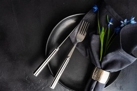 Spring table setting with blue scilla siberica Stock Photos