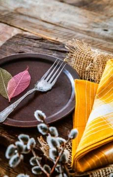 Spring table setting. Cutlery on wood Stock Photos