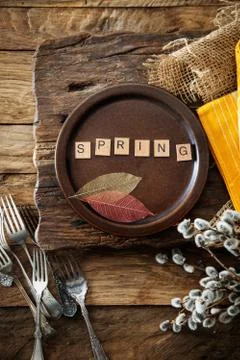 Spring table setting. Cutlery on wood Stock Photos