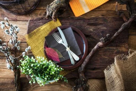 Spring table setting. Cutlery on wood Stock Photos