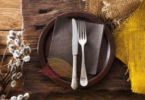Spring table setting. Cutlery on wood Stock Photos