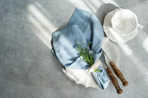 Spring table setting with flowers Stock Photos