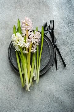 Spring table setting with hyacinth Stock Photos