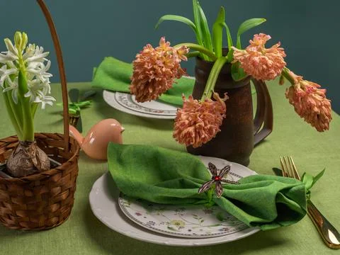 Spring table setting with hyacinths on a green linen tablecloth Stock Photos