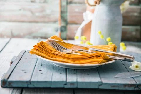 Spring table setting. Narcissus flower. Spring flowers Stock Photos