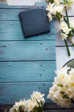 Spring table setting. Narcissus flower. Spring flowers Stock Photos