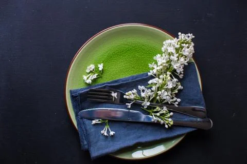 Spring table setting with white lilac Stock Photos