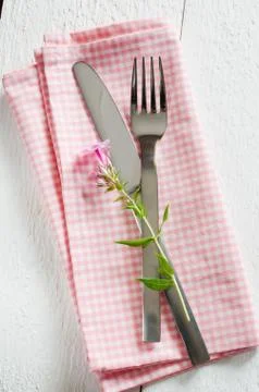 Spring table settings with fresh flower, napkin and silverware. Foto stock