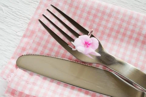 Spring table settings with fresh flower, napkin and silverware. Stock Photos