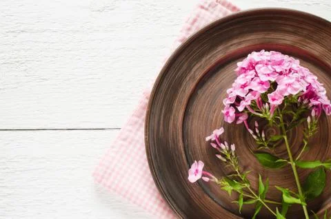 Spring table settings with fresh flower. Stock Photos