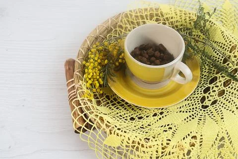Spring tea party: cup with coffee beans, mimosa branch on a lace napkin Stock Photos