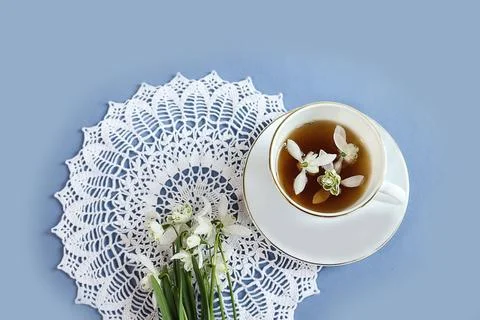 Spring tea party: a cup of tea, a bouquet of snowdrops on an openwork napki.. Stock Photos