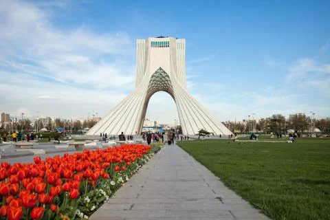Spring in Tehran with Red Tulips in Front of Azadi Monument Stock Photos