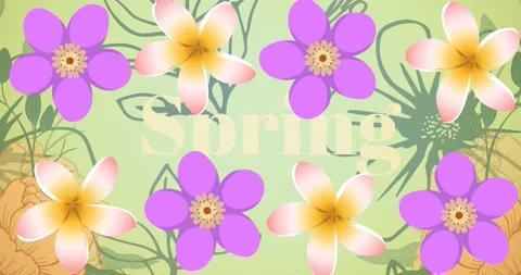 Spring text banner and flowers icons against floral design pattern on green Stock Footage 196887189