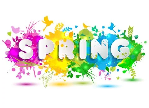 Spring text on colorful blots. Hand drawn elements with sasonal symbol. Stock-Illustration