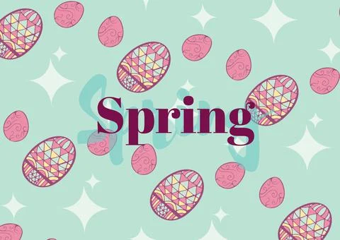 Spring text with easter eggs and white stars on green background 스톡 일러스트