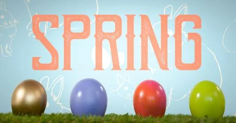 Spring text Easter eggs in front of pattern Stock Photos