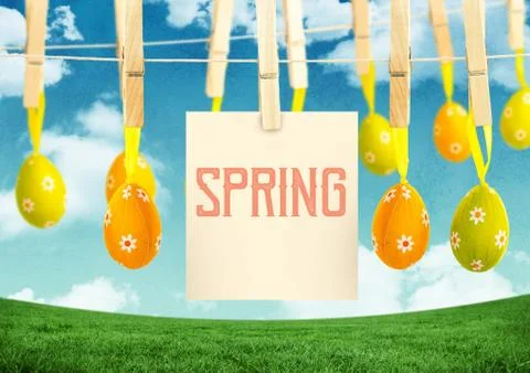 Spring text with Easter Eggs with note on pegs in front of pattern Stock Illustration