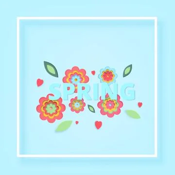 Spring text with flowers on blue background. Vector illustration. Stock Illustration